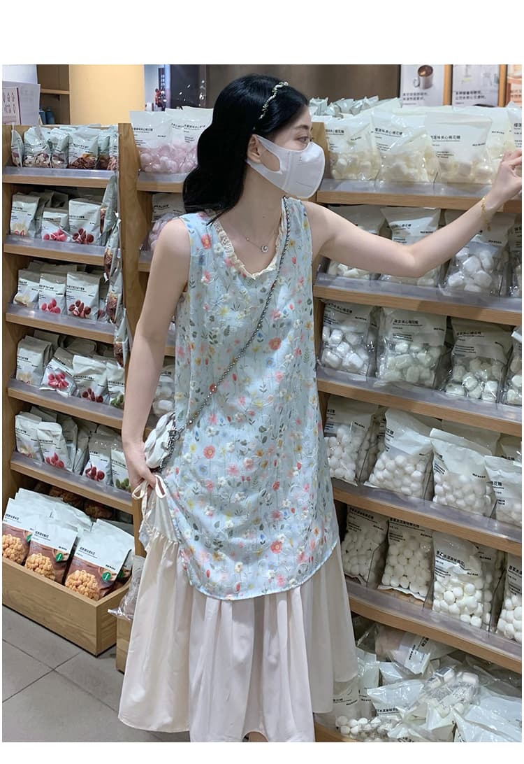 실사 파란색 작은 청신 꽃무늬 자수 민소매 조끼 원피스 새로운 불규칙 패치워크 한 마디 롱 스커트 상세 이미지 11