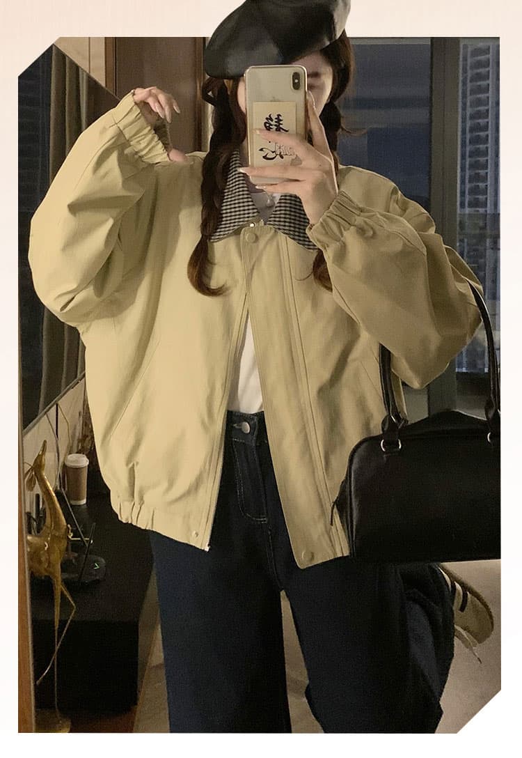 실사 카키 색 체크무늬 폴로 칼라 워크웨어 짧은 외투 2025 새로운 레트로 캐주얼 바 En 바람 재킷 맨위 상세 이미지 2