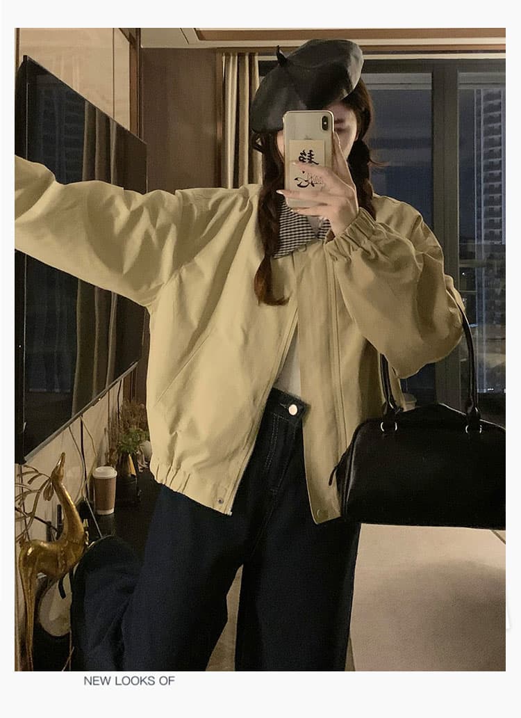실사 카키 색 체크무늬 폴로 칼라 워크웨어 짧은 외투 2025 새로운 레트로 캐주얼 바 En 바람 재킷 맨위 상세 이미지 9