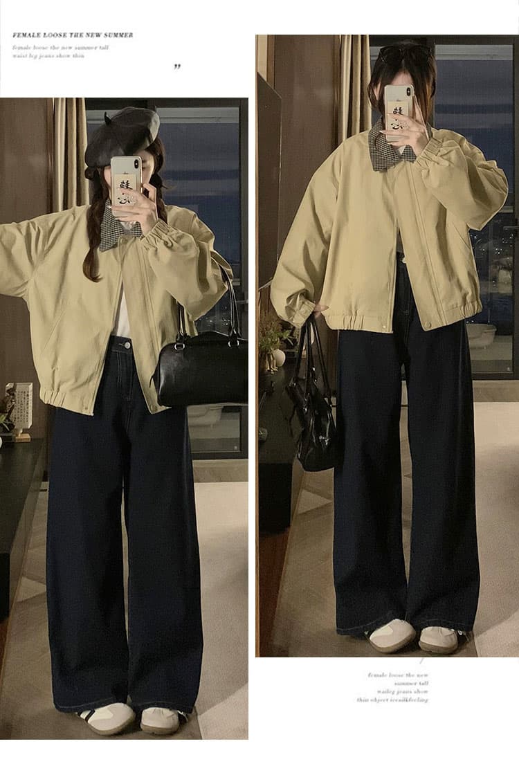 실사 카키 색 체크무늬 폴로 칼라 워크웨어 짧은 외투 2025 새로운 레트로 캐주얼 바 En 바람 재킷 맨위 상세 이미지 12