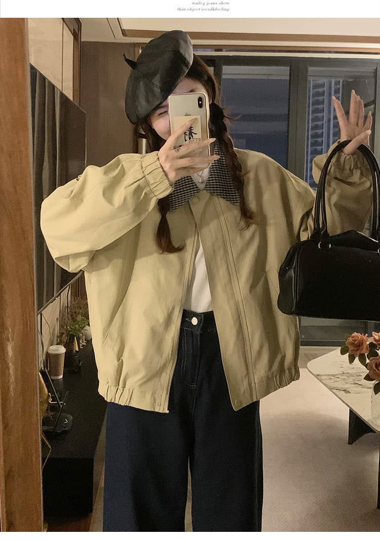 실사 카키 색 체크무늬 폴로 칼라 워크웨어 짧은 외투 2025 새로운 레트로 캐주얼 바 En 바람 재킷 맨위 상세 이미지 14