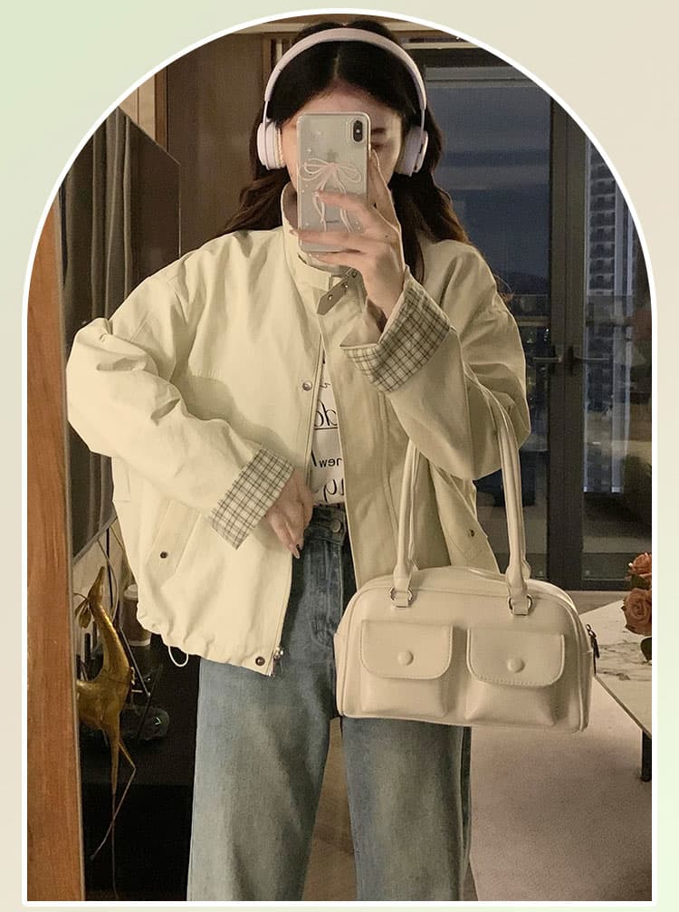 실사 레트로 루즈핏 캐주얼 체크무늬 패치워크 재킷 2025 새로운 작은 키 쇼트 스타일 베이지 색 재킷 맨위 상세 이미지 2