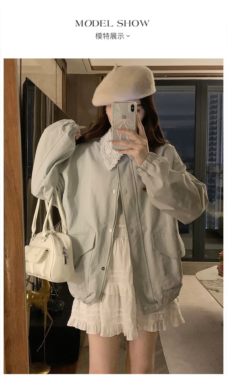 실사 레이스 레이스 폴로 칼라 디자인 센스 쇼트 스타일 재킷 새로운 한 부서 루즈핏 캐주얼 바람막이 상세 이미지 10