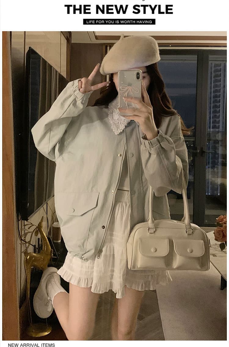실사 레이스 레이스 폴로 칼라 디자인 센스 쇼트 스타일 재킷 새로운 한 부서 루즈핏 캐주얼 바람막이 상세 이미지 14