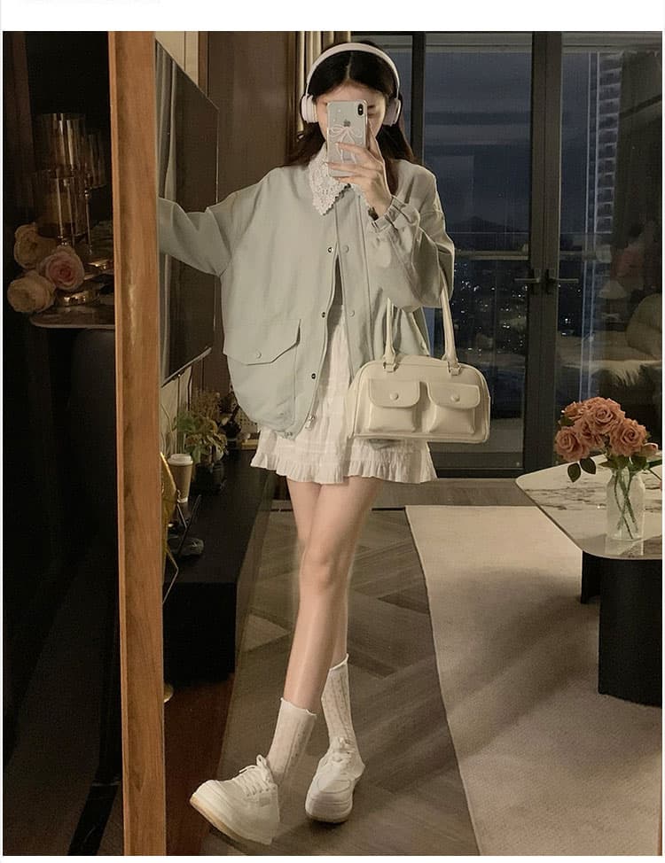실사 레이스 레이스 폴로 칼라 디자인 센스 쇼트 스타일 재킷 새로운 한 부서 루즈핏 캐주얼 바람막이 상세 이미지 15