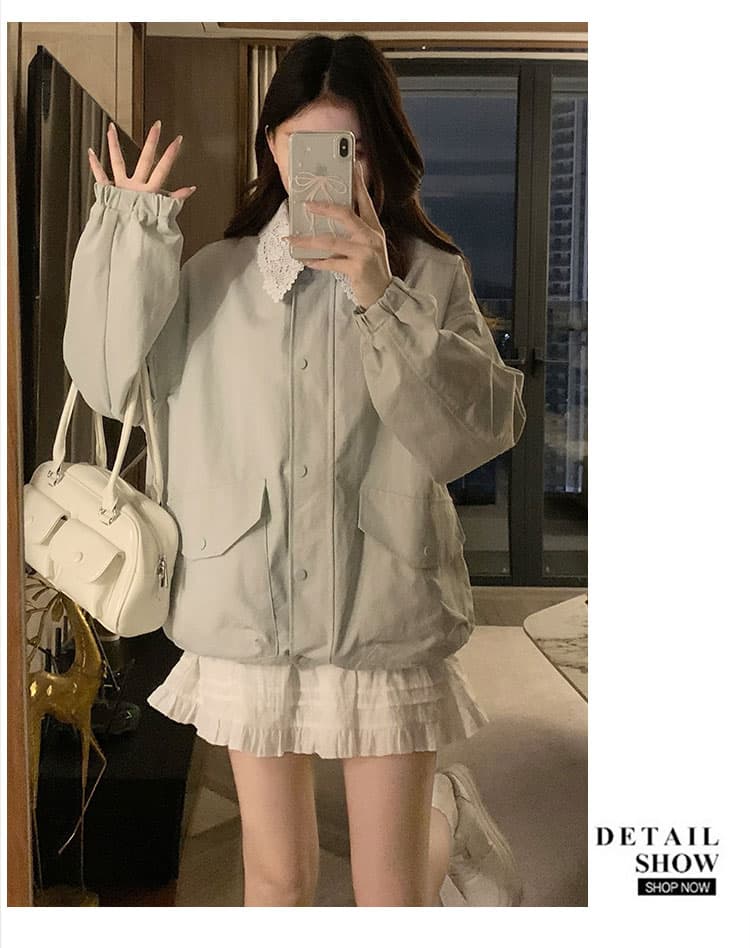 실사 레이스 레이스 폴로 칼라 디자인 센스 쇼트 스타일 재킷 새로운 한 부서 루즈핏 캐주얼 바람막이 상세 이미지 17