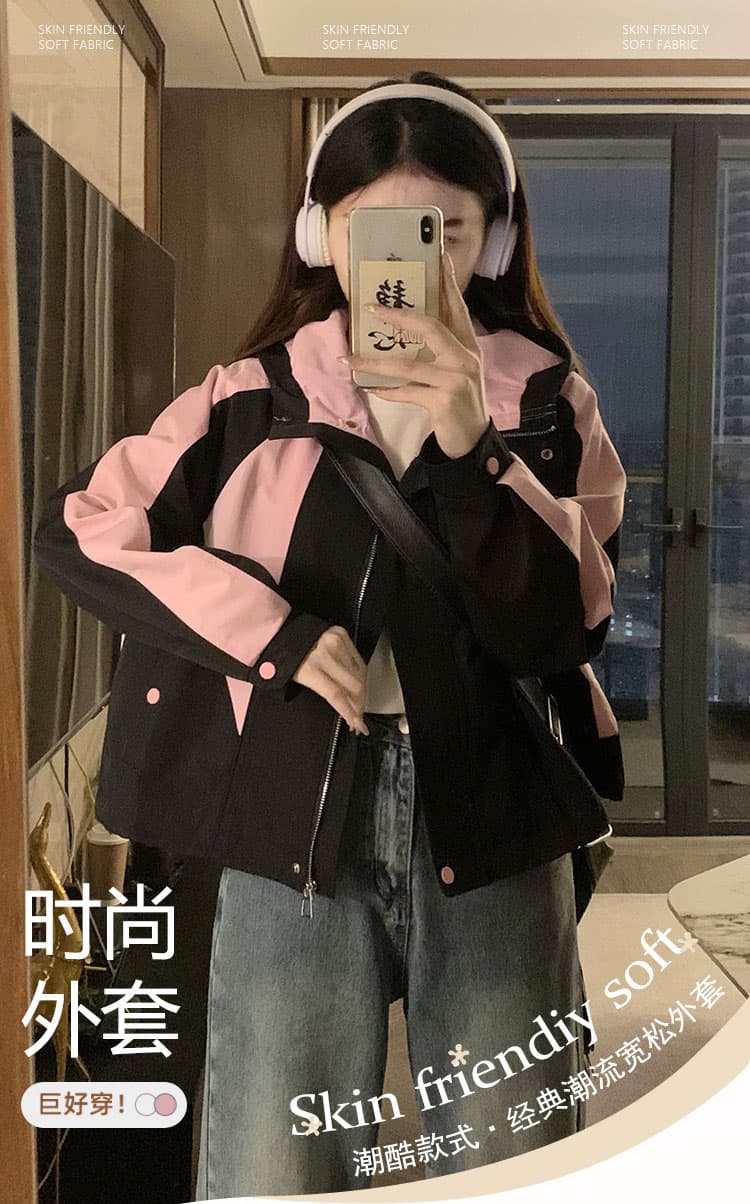 실사 배색 패치워크 워크웨어 짧은 외투 새로운 작은 키 루즈핏 캐주얼 튀김 거리 자켓 재킷 상세 이미지 1