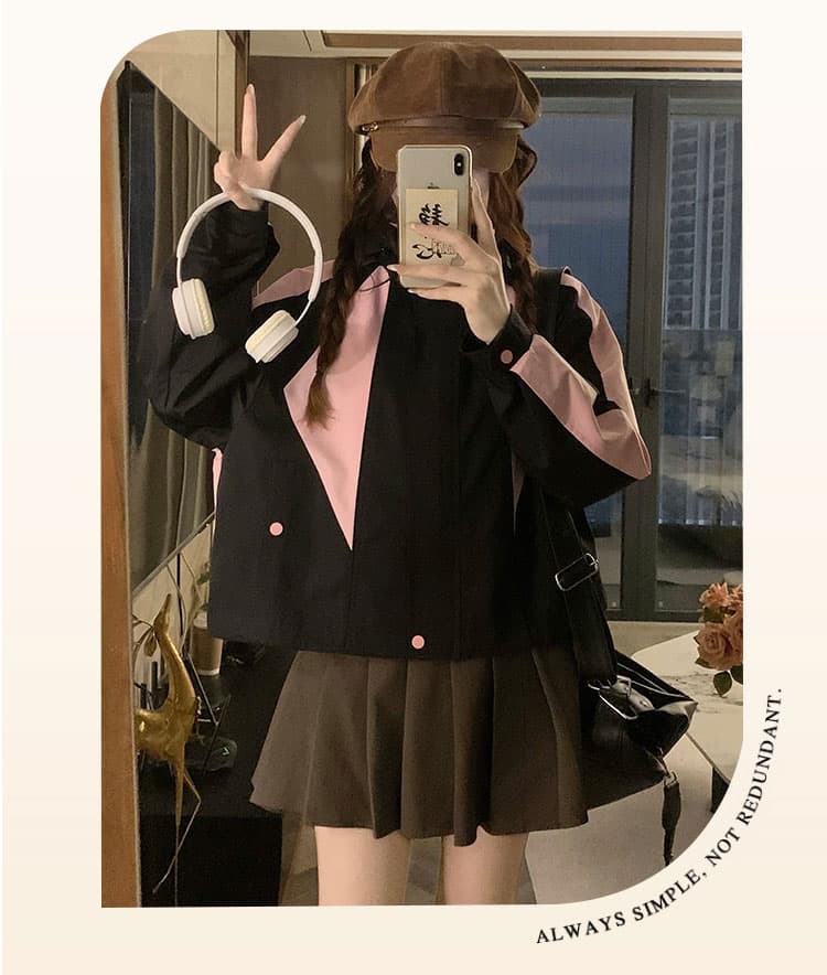 실사 배색 패치워크 워크웨어 짧은 외투 새로운 작은 키 루즈핏 캐주얼 튀김 거리 자켓 재킷 상세 이미지 3