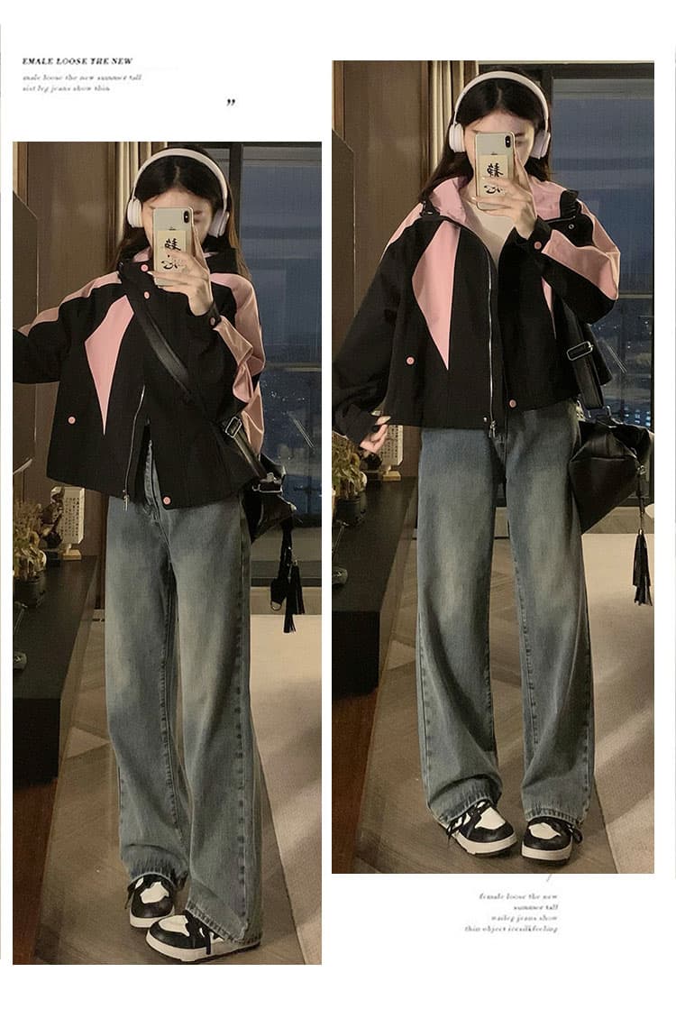 실사 배색 패치워크 워크웨어 짧은 외투 새로운 작은 키 루즈핏 캐주얼 튀김 거리 자켓 재킷 상세 이미지 14