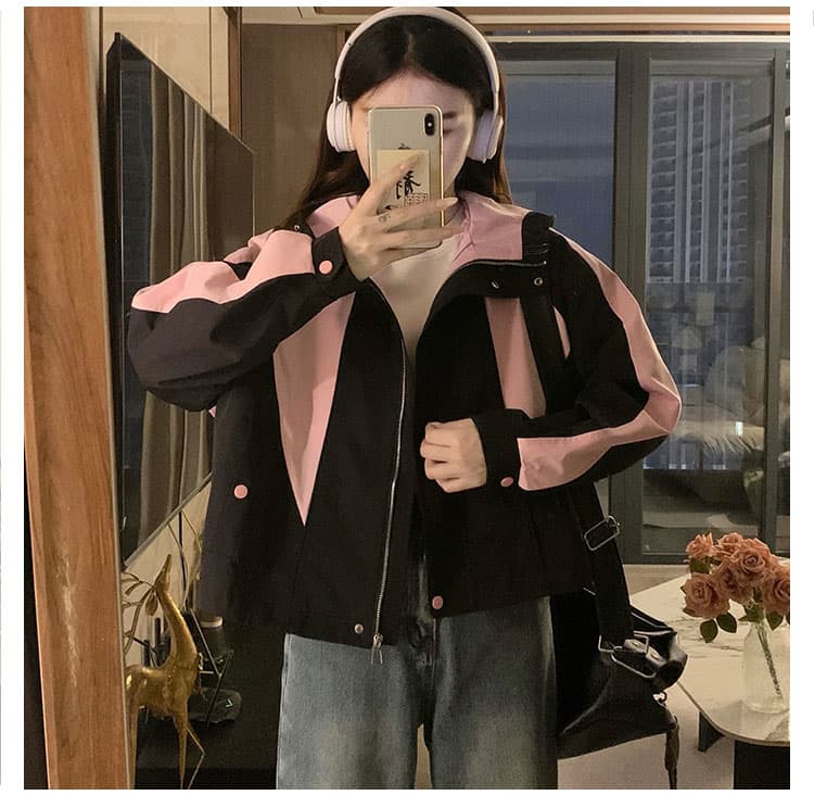 실사 배색 패치워크 워크웨어 짧은 외투 새로운 작은 키 루즈핏 캐주얼 튀김 거리 자켓 재킷 상세 이미지 17