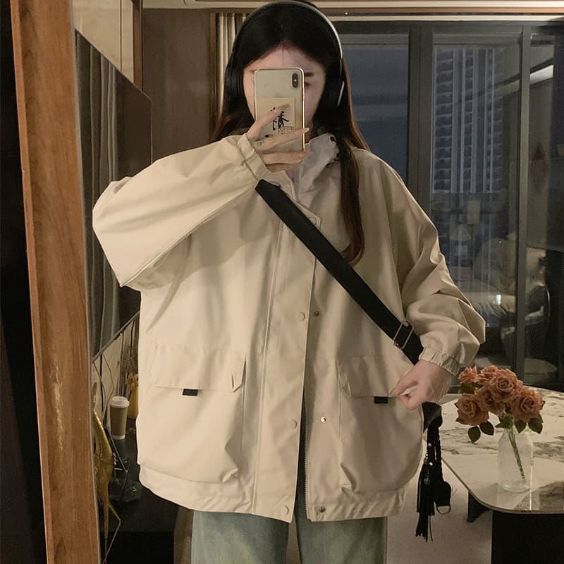 실사 화이트 후드 요금 외투 새로운 작은 키 루즈핏 캐주얼 워크웨어 바람막이 자켓 이미지 4