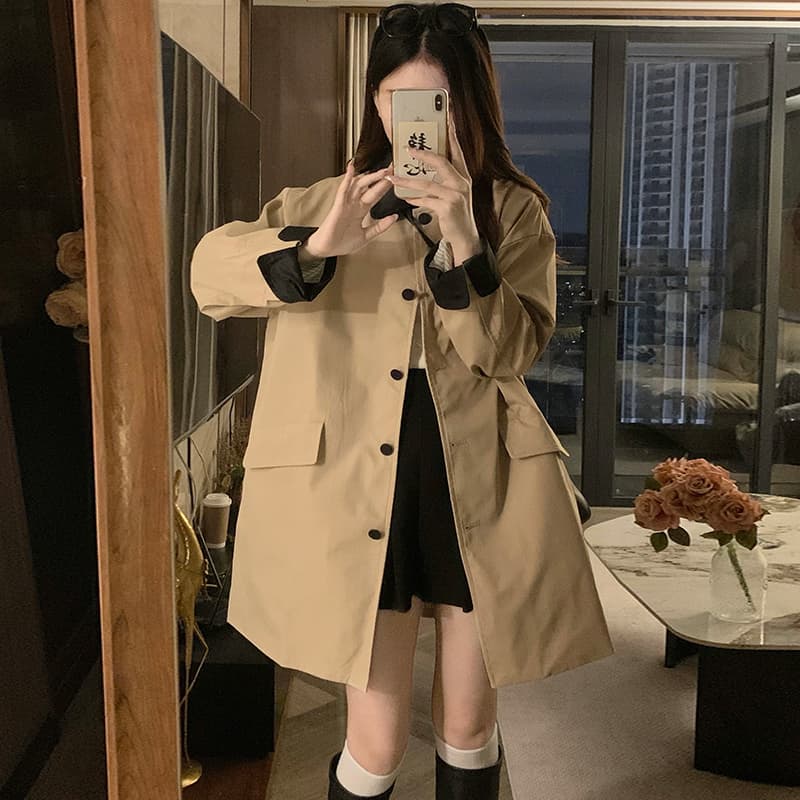 실사 카키 색 패치워크 바람막이 여성 코트 중간 길이 작은 키 한 부서 캐주얼 워크웨어 코트 이미지 2