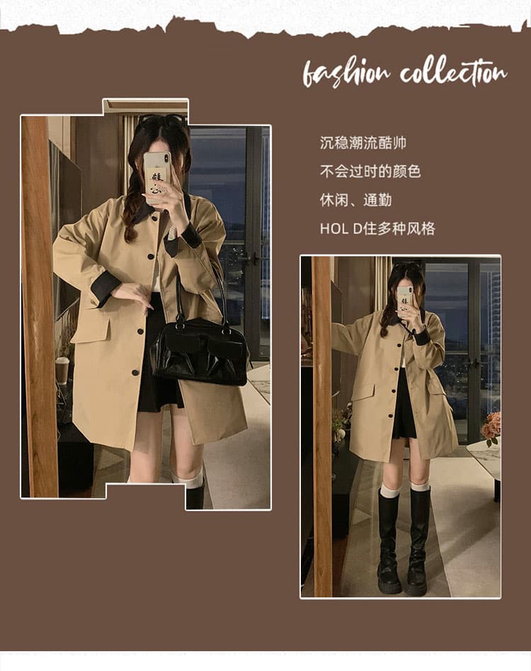 실사 카키 색 패치워크 바람막이 여성 코트 중간 길이 작은 키 한 부서 캐주얼 워크웨어 코트 상세 이미지 3