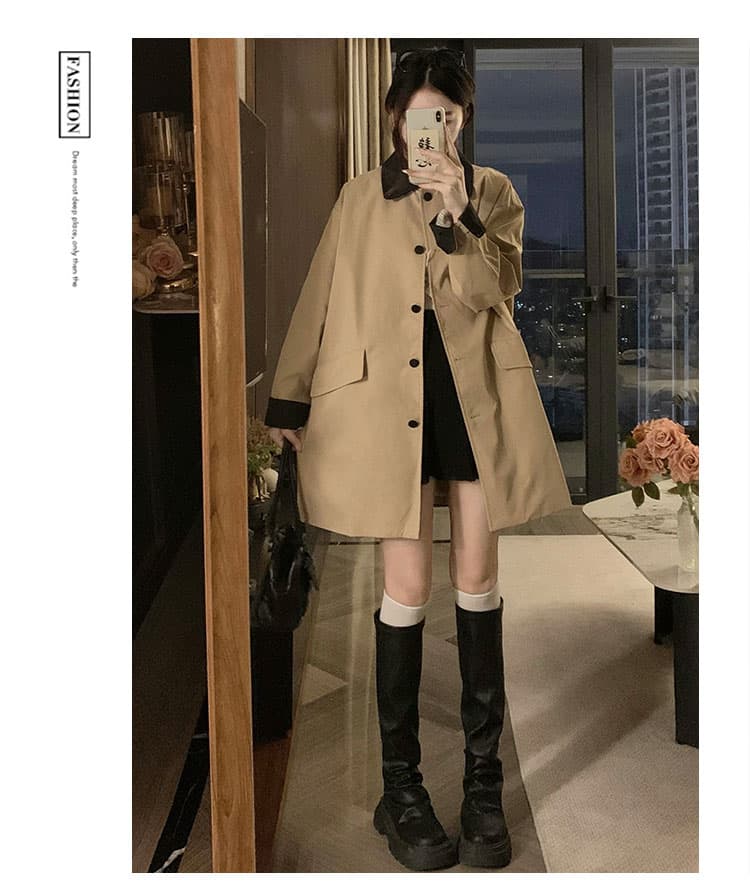실사 카키 색 패치워크 바람막이 여성 코트 중간 길이 작은 키 한 부서 캐주얼 워크웨어 코트 상세 이미지 10