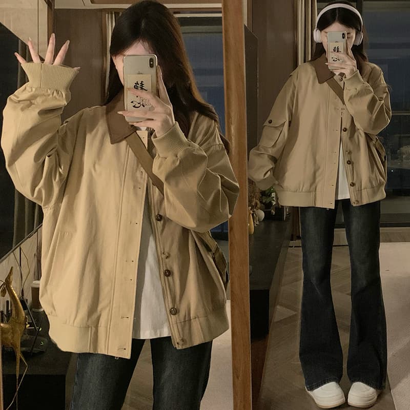 실사 배색 패치워크 캐주얼 레트로 면 100% 사선 무늬 카키 브라운 재킷 재킷 다용도 슬림해 보이는