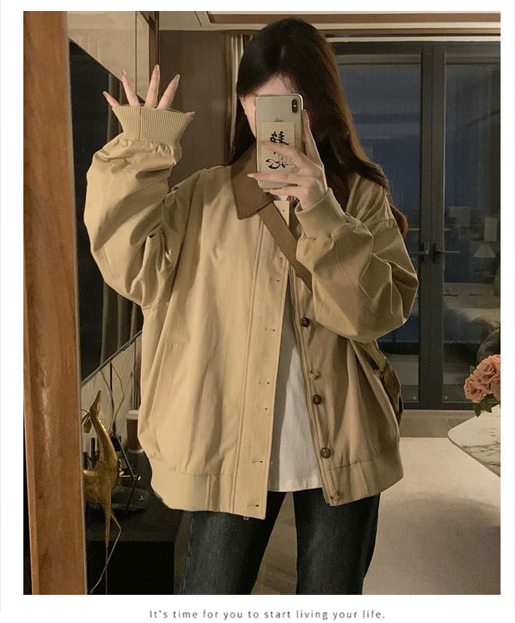 실사 배색 패치워크 캐주얼 레트로 면 100% 사선 무늬 카키 브라운 재킷 재킷 다용도 슬림해 보이는 상세 이미지 11