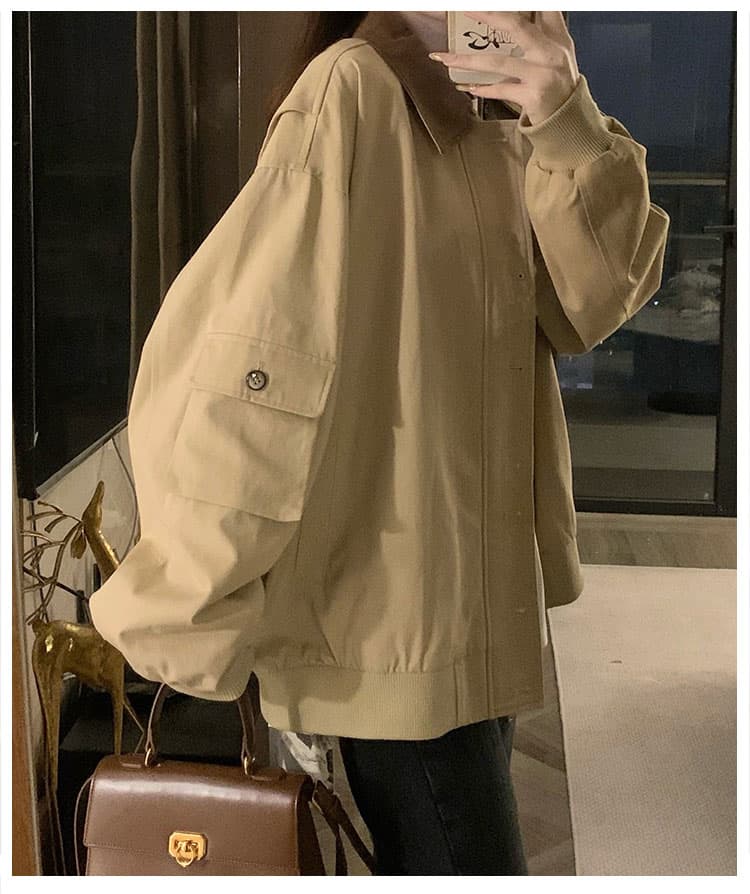 실사 배색 패치워크 캐주얼 레트로 면 100% 사선 무늬 카키 브라운 재킷 재킷 다용도 슬림해 보이는 상세 이미지 19