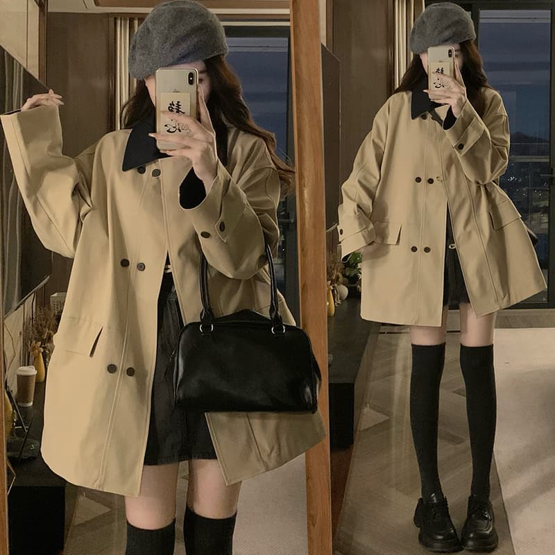 실사 복잡한 쿠바 En 바람 배색 폴로 칼라 이중 버튼 바람막이 여성 봄 가을 캐주얼 재킷 작은 키 중간 길이