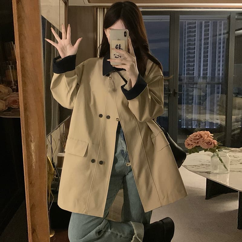 실사 복잡한 쿠바 En 바람 배색 폴로 칼라 이중 버튼 바람막이 여성 봄 가을 캐주얼 재킷 작은 키 중간 길이 이미지 2