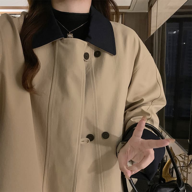 실사 복잡한 쿠바 En 바람 배색 폴로 칼라 이중 버튼 바람막이 여성 봄 가을 캐주얼 재킷 작은 키 중간 길이 이미지 4