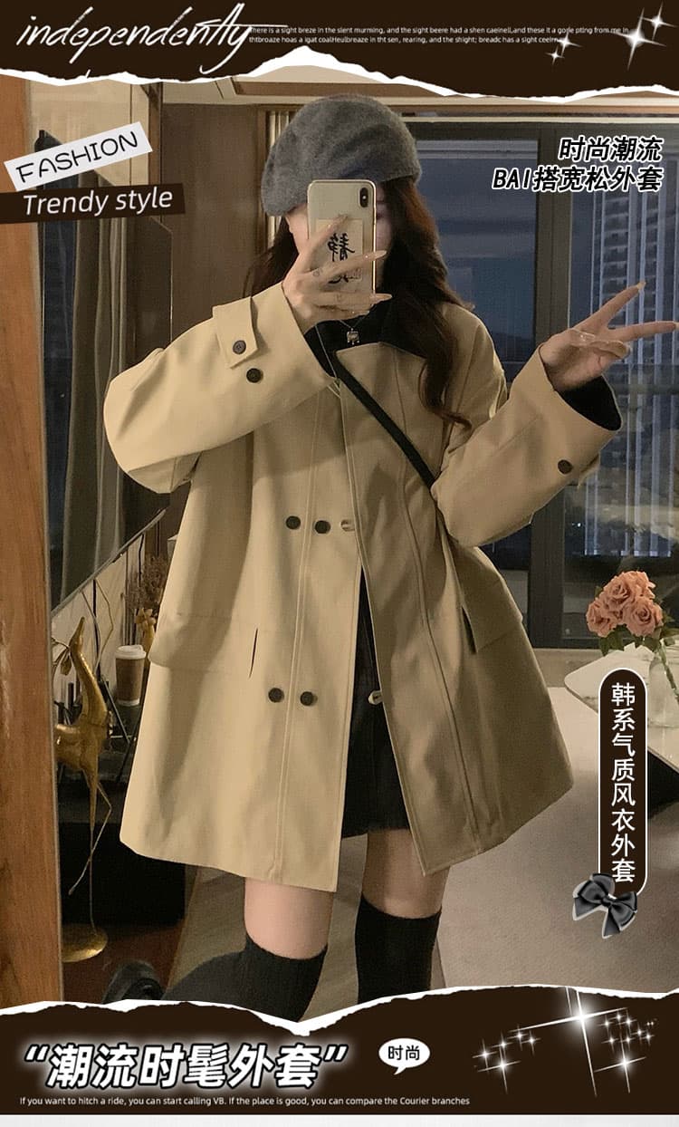 실사 복잡한 쿠바 En 바람 배색 폴로 칼라 이중 버튼 바람막이 여성 봄 가을 캐주얼 재킷 작은 키 중간 길이 상세 이미지 1