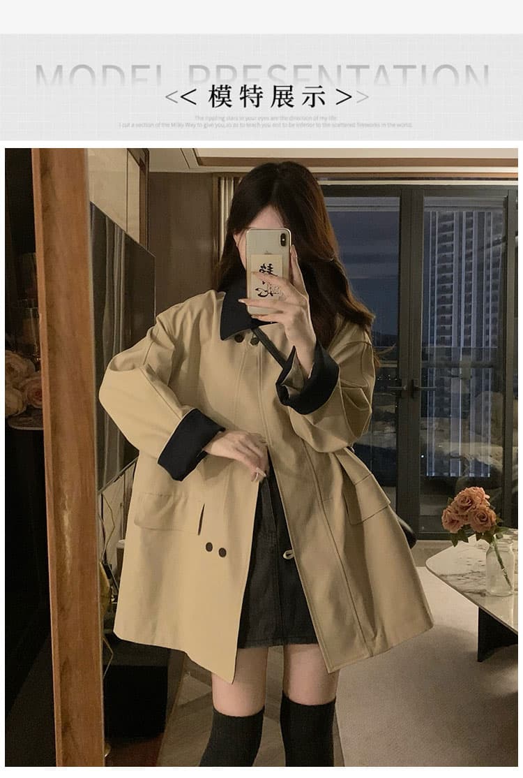 실사 복잡한 쿠바 En 바람 배색 폴로 칼라 이중 버튼 바람막이 여성 봄 가을 캐주얼 재킷 작은 키 중간 길이 상세 이미지 8
