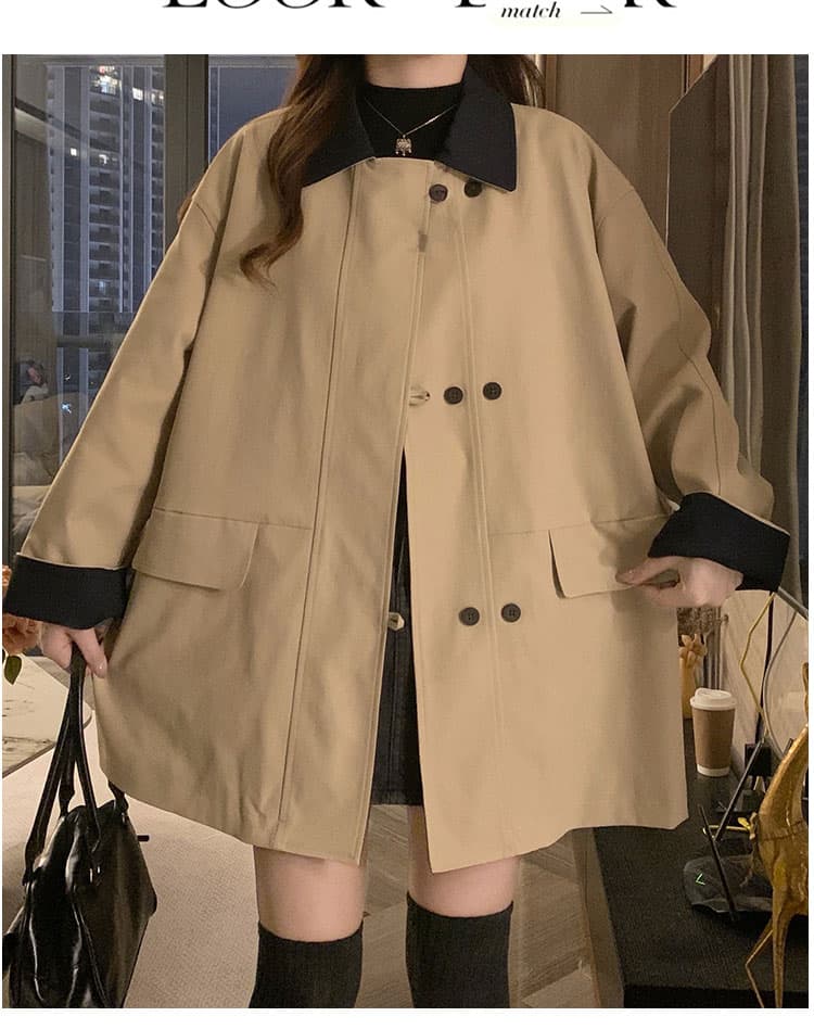 실사 복잡한 쿠바 En 바람 배색 폴로 칼라 이중 버튼 바람막이 여성 봄 가을 캐주얼 재킷 작은 키 중간 길이 상세 이미지 10