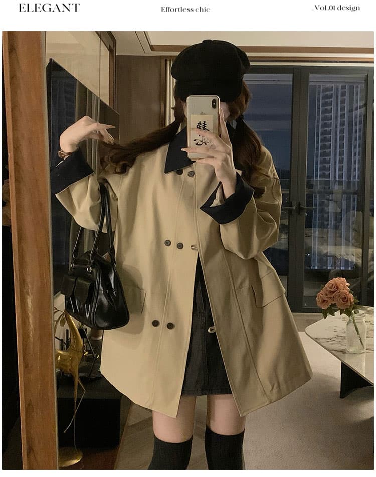 실사 복잡한 쿠바 En 바람 배색 폴로 칼라 이중 버튼 바람막이 여성 봄 가을 캐주얼 재킷 작은 키 중간 길이 상세 이미지 11