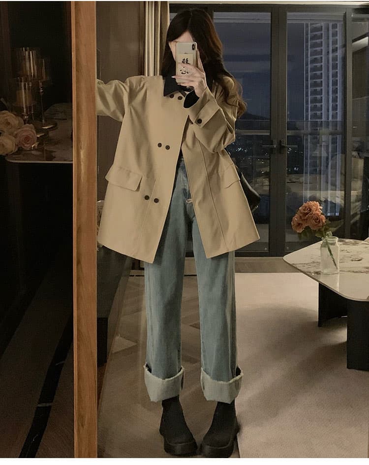 실사 복잡한 쿠바 En 바람 배색 폴로 칼라 이중 버튼 바람막이 여성 봄 가을 캐주얼 재킷 작은 키 중간 길이 상세 이미지 13