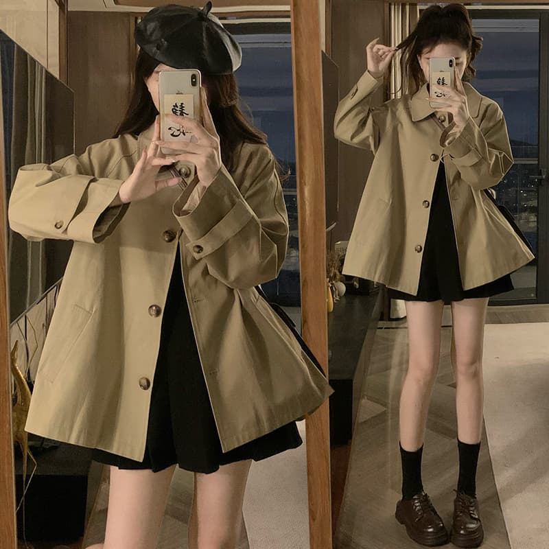 실사 얕은 카키 쇼트 스타일 바람막이 여성 코트 작은 키 프랑스식 루즈핏 연령 감소 영국식 바람 맨위