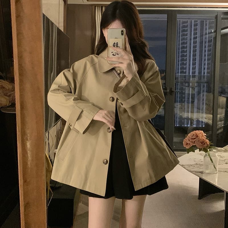 실사 얕은 카키 쇼트 스타일 바람막이 여성 코트 작은 키 프랑스식 루즈핏 연령 감소 영국식 바람 맨위 이미지 2