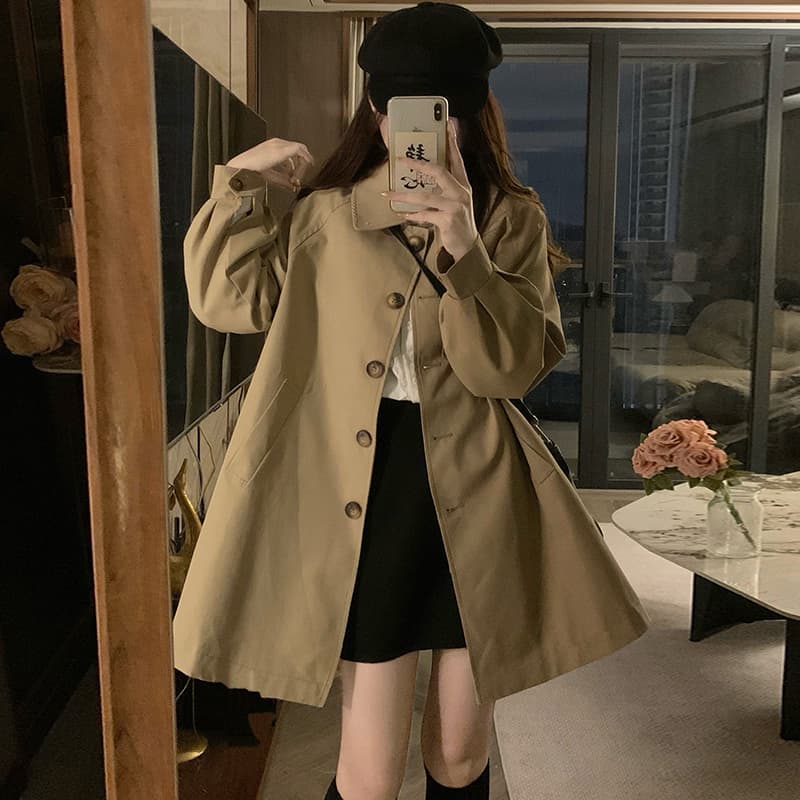 실사 카키 색 바람막이 여성 작은 키 새로운 중간 길이 벌룬 소매 루즈핏 캐주얼 고급 센스 재킷 이미지 3