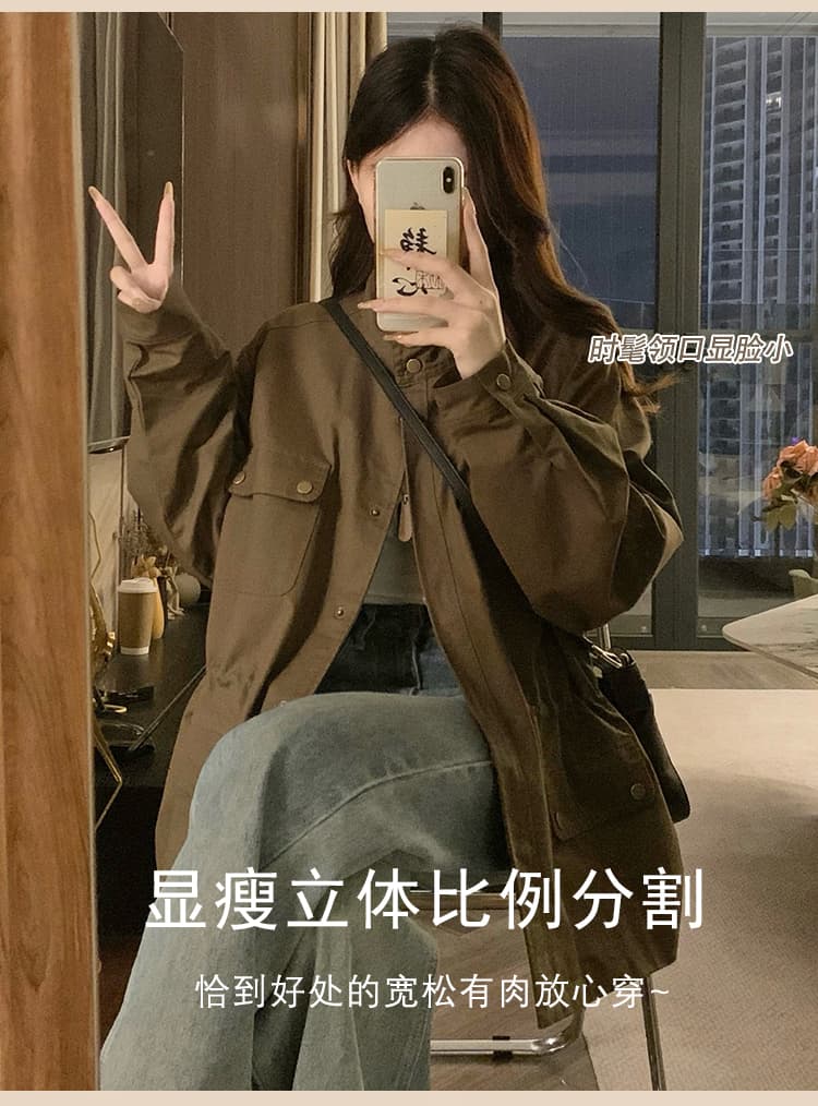 실사 아메리칸 레트로 품격 루즈핏 스탠드 칼라 짧은 외투 봄 가을 다용도 허리 수축 chic 워크웨어 바람막이 상세 이미지 5