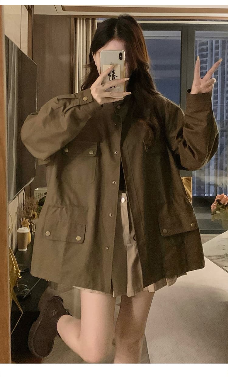 실사 아메리칸 레트로 품격 루즈핏 스탠드 칼라 짧은 외투 봄 가을 다용도 허리 수축 chic 워크웨어 바람막이 상세 이미지 15