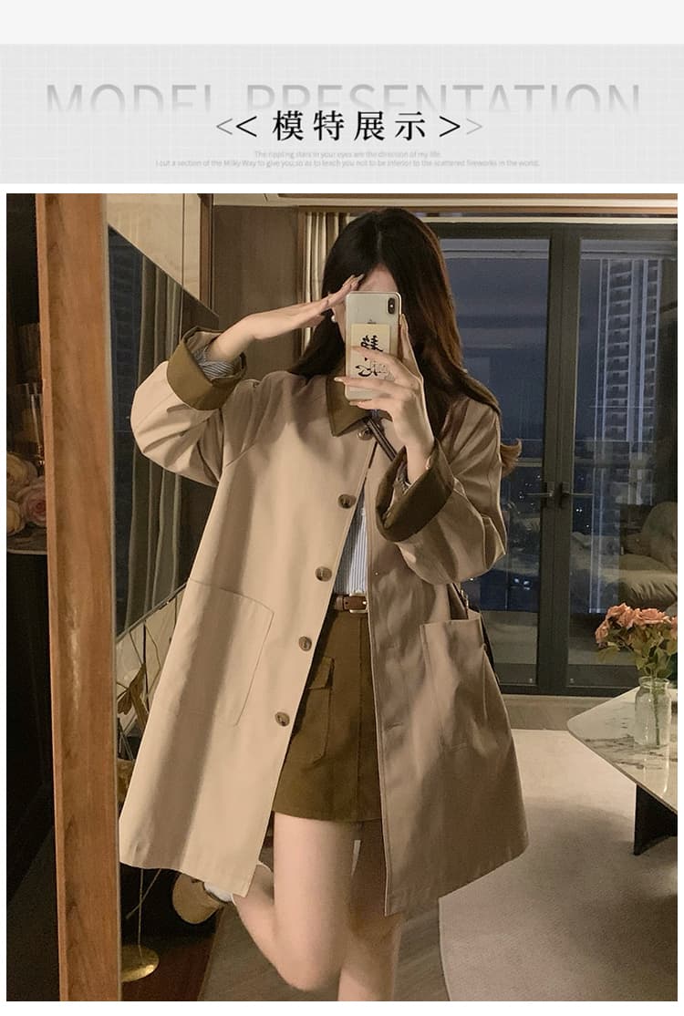 실사 일본식 카키 바람막이 새로운 여성 의류 바 En 느슨함 센스 슬림해 보이는 배색 폴로 칼라 중간 길이 재킷 상세 이미지 8