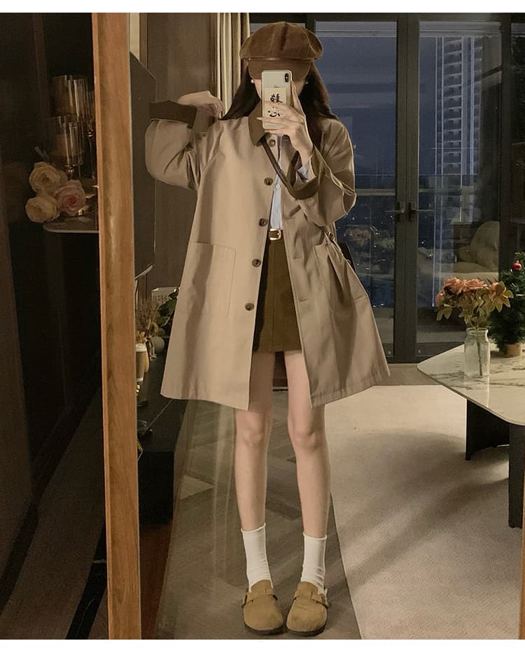 실사 일본식 카키 바람막이 새로운 여성 의류 바 En 느슨함 센스 슬림해 보이는 배색 폴로 칼라 중간 길이 재킷 상세 이미지 15
