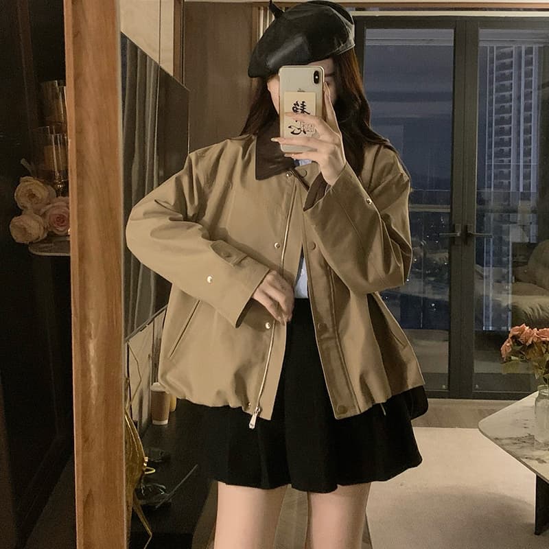 실사 카키 바람막이 2025 가을 새로운 여성 의류 miu 바람 폴로 칼라 캐주얼 품격 슬림해 보이는 짧은 외투 이미지 5
