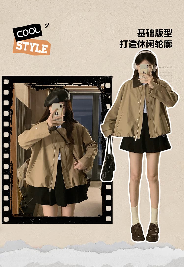실사 카키 바람막이 2025 가을 새로운 여성 의류 miu 바람 폴로 칼라 캐주얼 품격 슬림해 보이는 짧은 외투 상세 이미지 6