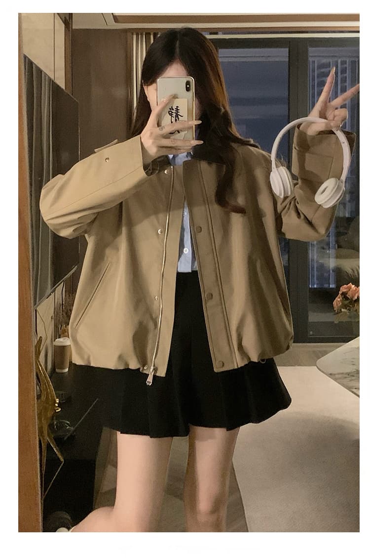실사 카키 바람막이 2025 가을 새로운 여성 의류 miu 바람 폴로 칼라 캐주얼 품격 슬림해 보이는 짧은 외투 상세 이미지 13