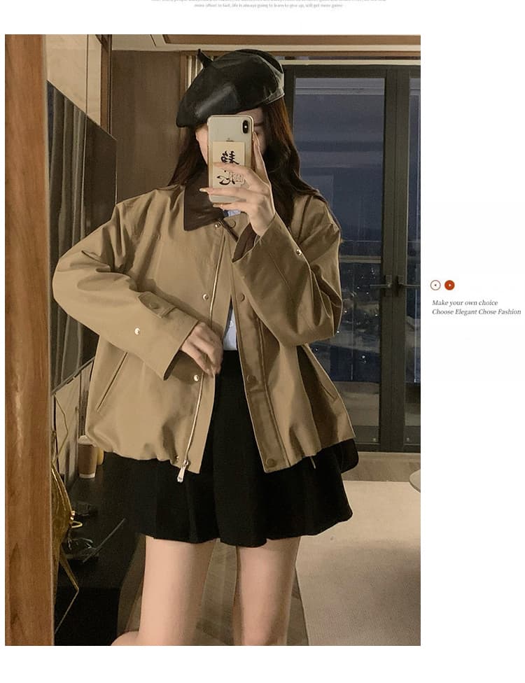 실사 카키 바람막이 2025 가을 새로운 여성 의류 miu 바람 폴로 칼라 캐주얼 품격 슬림해 보이는 짧은 외투 상세 이미지 15