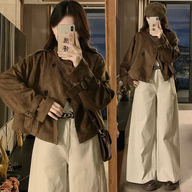 실사 레트로 스웨이드 원단 클래식 섹션 이중 버튼 재킷 작은 키 고급 센스 오토바이 짧은 외투 이미지 2