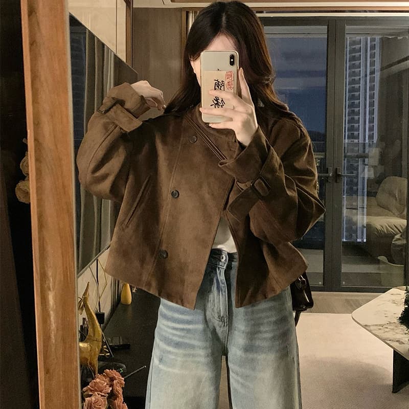 실사 레트로 스웨이드 원단 클래식 섹션 이중 버튼 재킷 작은 키 고급 센스 오토바이 짧은 외투 이미지 3