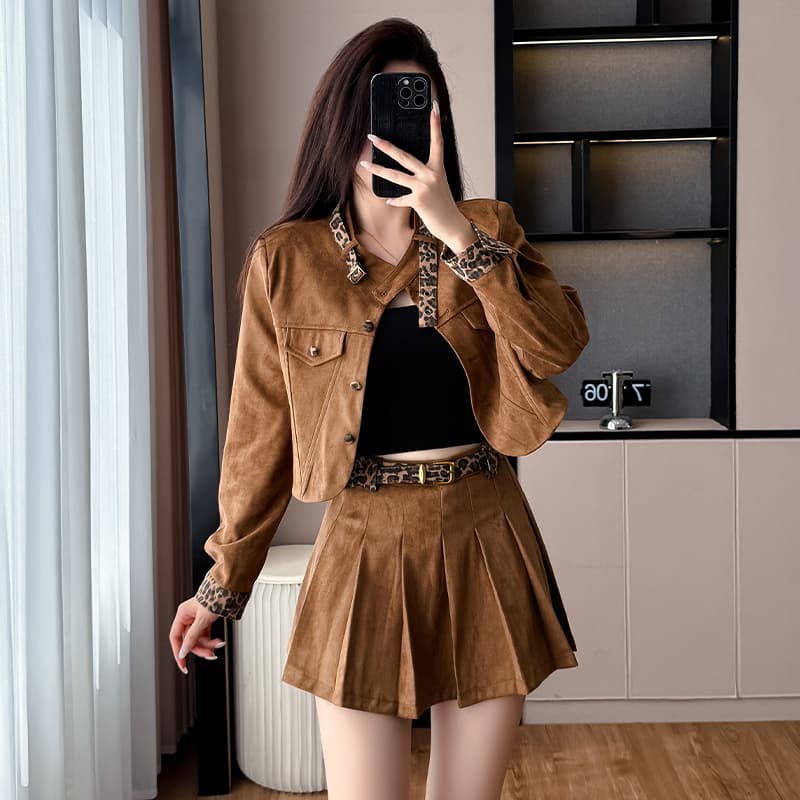 실사 스웨이드 원단 재킷 플리츠 미니 스커트 투피스 세트 가을 새로운 레오파드 무늬 패치워크 치마 세트 트렌디 이미지 3
