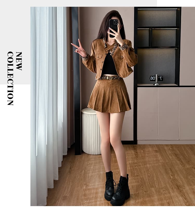 실사 스웨이드 원단 재킷 플리츠 미니 스커트 투피스 세트 가을 새로운 레오파드 무늬 패치워크 치마 세트 트렌디 상세 이미지 16