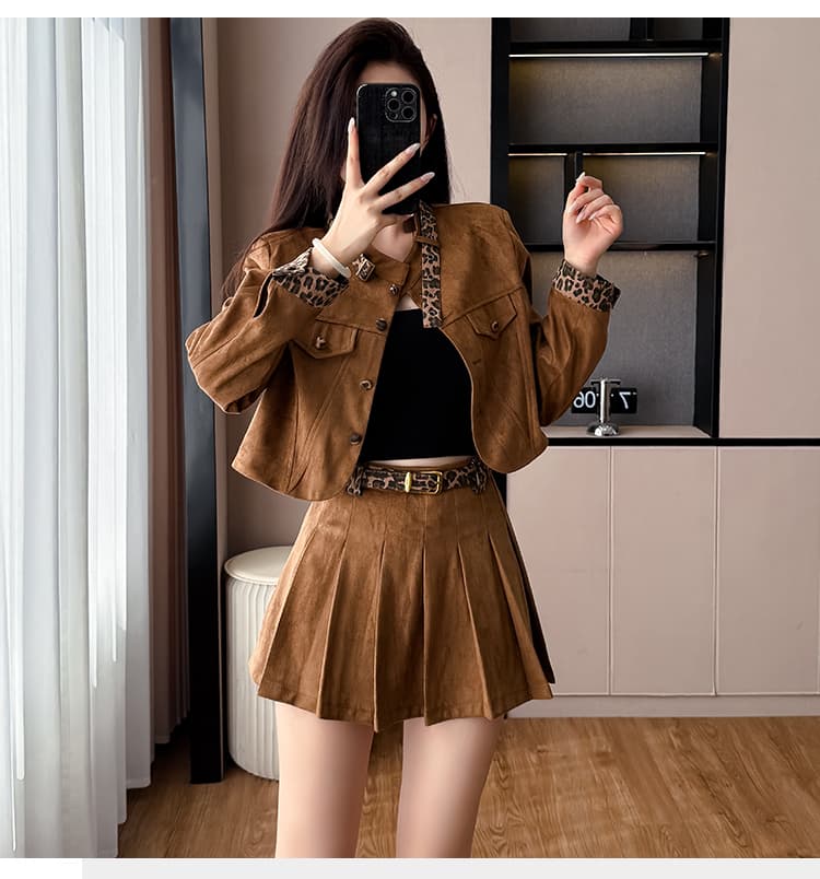 실사 스웨이드 원단 재킷 플리츠 미니 스커트 투피스 세트 가을 새로운 레오파드 무늬 패치워크 치마 세트 트렌디 상세 이미지 18