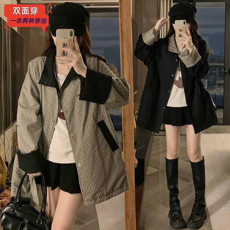 실사 양면 바람막이 한 부서 캐주얼 품격 바람막이 양면 착용 스탠드 칼라 여성 코트 이미지 2