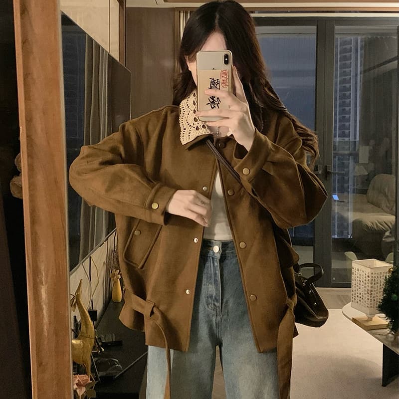 실사 레트로 아름다움 라드. 브라운 재킷 재킷 새로운 이른 가을 한 부서 분위기 센스 착용 잡아라. 의류 이미지 3