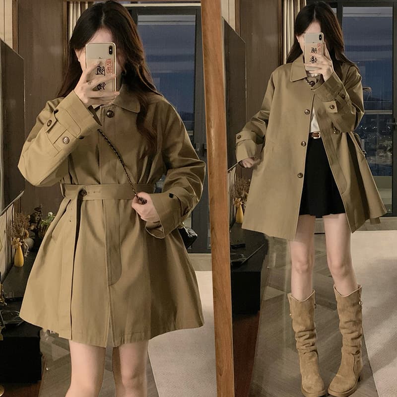 실사 가을 새로운 고급 센스 영국식 바람을 피우다 롱 코트 폴로 칼라 바람막이 여성 코트 이미지 2