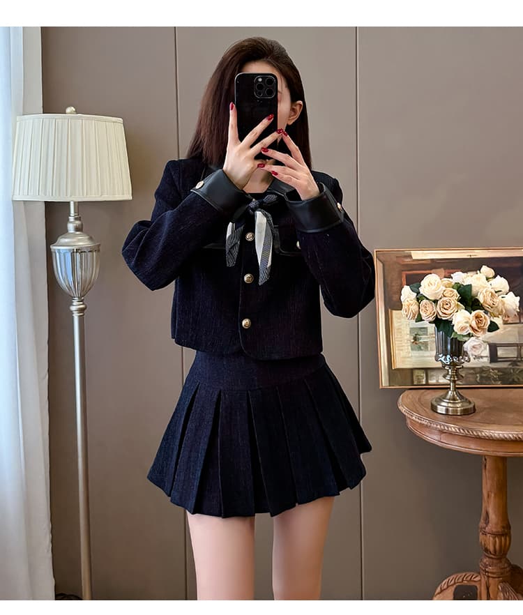 실사 학원 스타일 디자인 센스 패치워크 가죽 연령 감소 재킷 플리츠 미니 스커트 세트 조립 스카프 상세 이미지 16