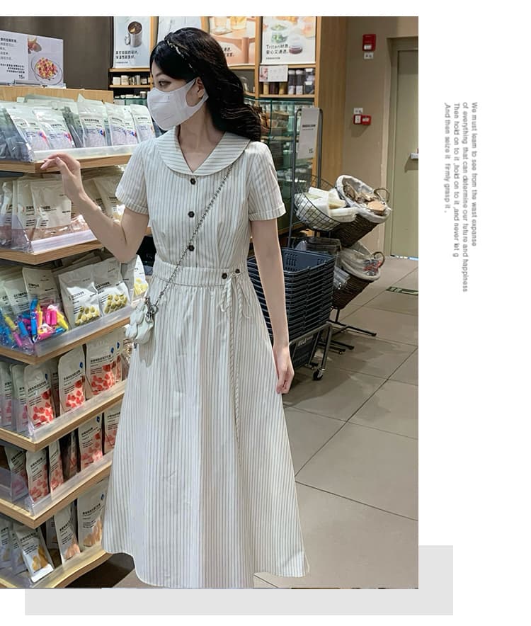 실사 프랑스식 낭만주의 롱 코트 살구 색상 스트라이프 셔츠 드레스 여성 여름 반팔 드레스 상세 이미지 14
